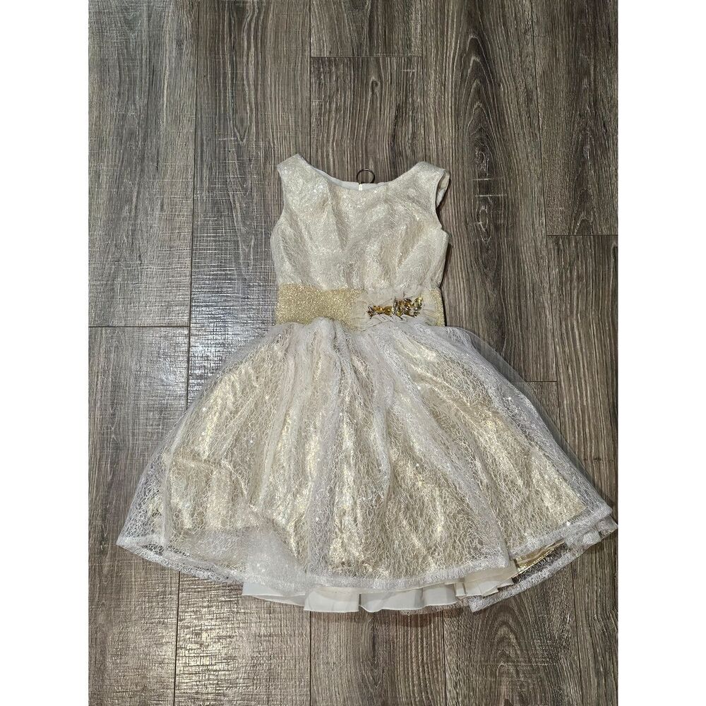 Girls Formal Dress Size 8 Zoe Ltd Ivory & Gold Lace Tulle Party Dress